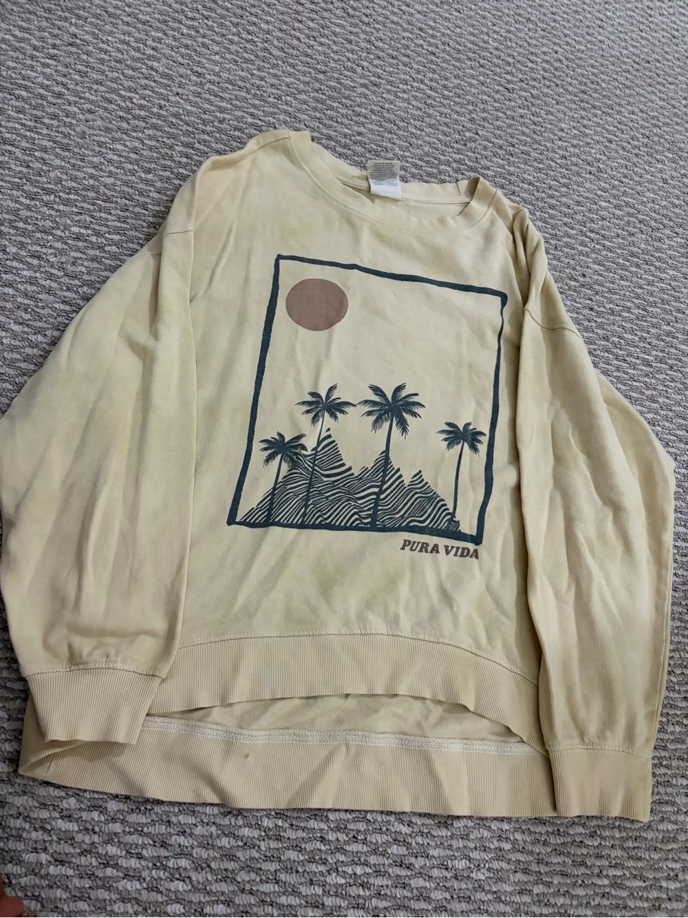 Pura Vida Cream Graphic Crewneck with Teal Stripe and Brown Sun